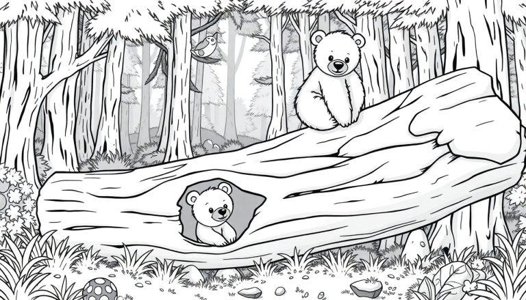 Een kleurplaat van een magisch bos met twee jonge beren, een grote omgevallen boomstam, vogels, planten en paddenstoelen.
