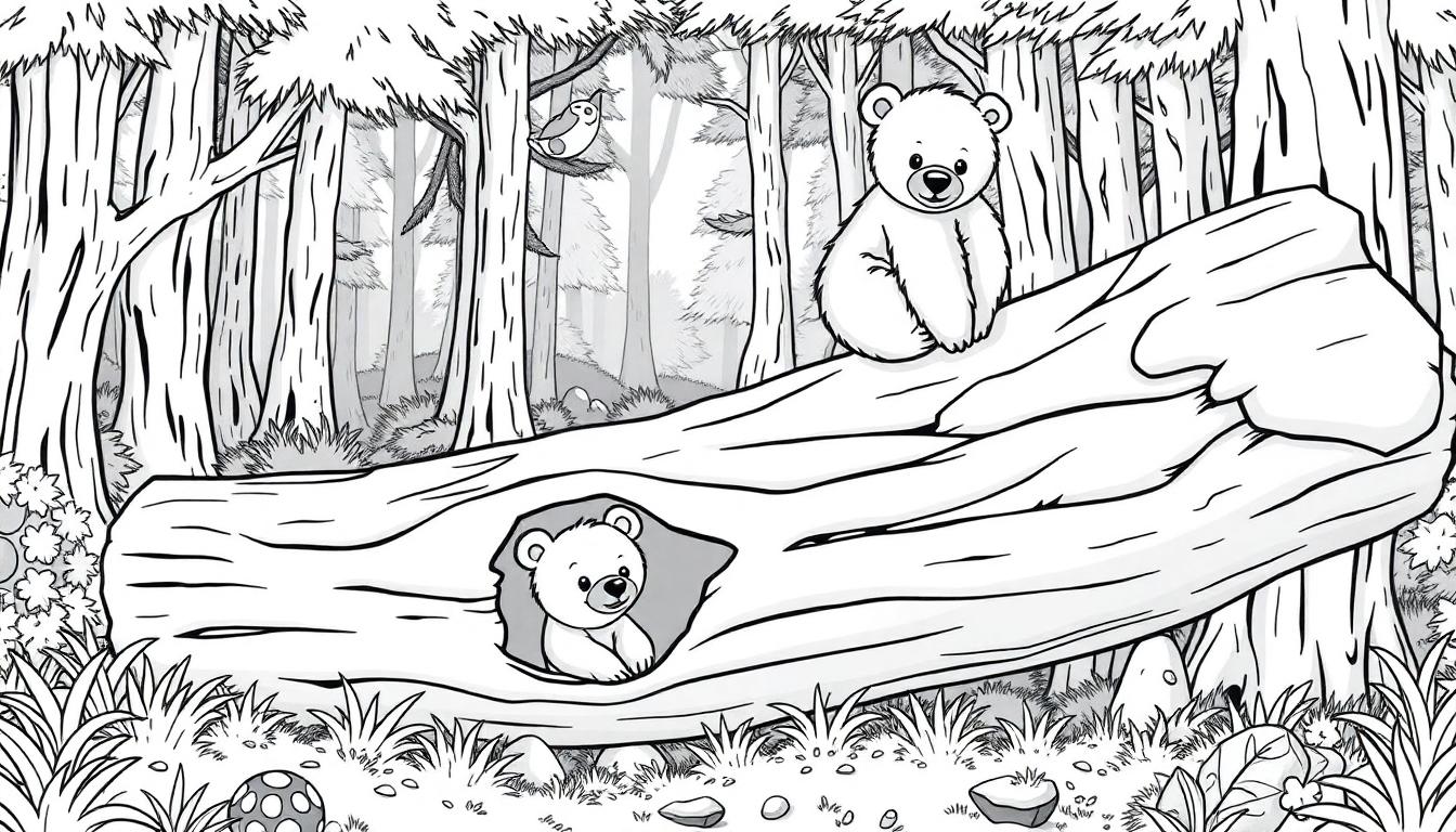 Een kleurplaat van een magisch bos met twee jonge beren, een grote omgevallen boomstam, vogels, planten en paddenstoelen.