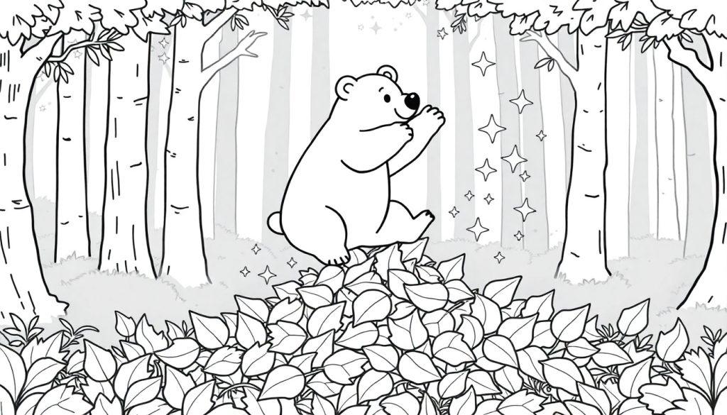 Kleurplaat van een schattige beer die op een bladstapel zit in een magisch bos met glinsterende sterren.