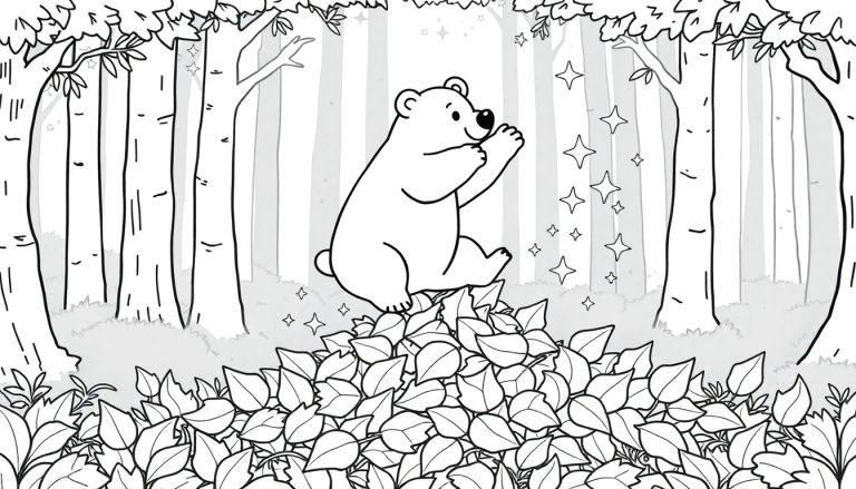 Kleurplaat van een schattige beer die op een bladstapel zit in een magisch bos met glinsterende sterren.
