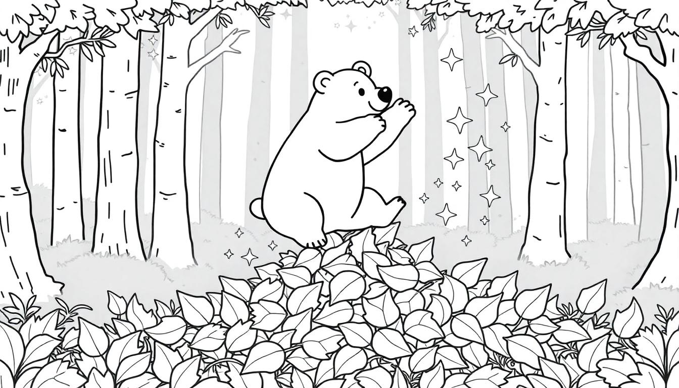Kleurplaat van een schattige beer die op een bladstapel zit in een magisch bos met glinsterende sterren.