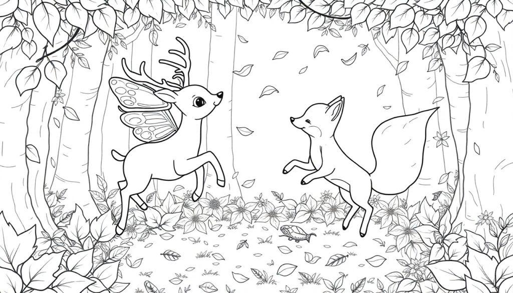Magische kleurplaat van een bos met een dansend hert met vleugels en een vos tussen de bomen, bloemen en bladeren.