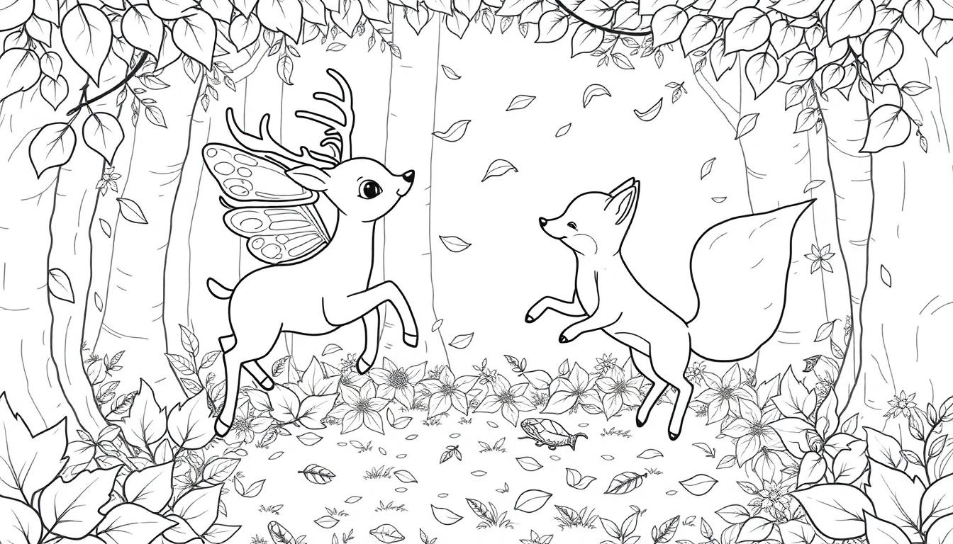 Magische kleurplaat van een bos met een dansend hert met vleugels en een vos tussen de bomen, bloemen en bladeren.