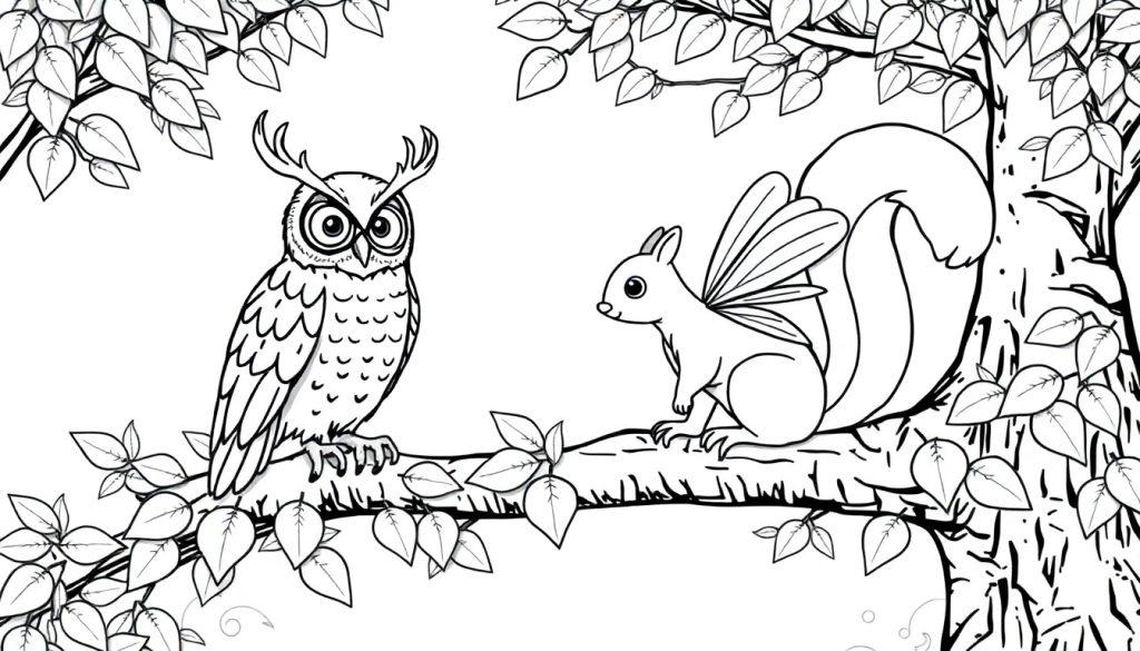 Een kleurplaat van een magisch bos met een tak waarop een uil met gewei en een vleugelige eekhoorn zitten, omringd door bladeren.