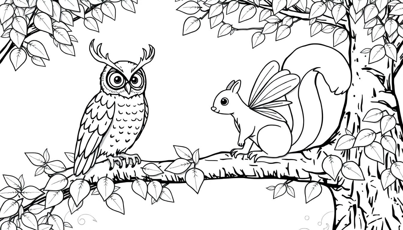 Een kleurplaat van een magisch bos met een tak waarop een uil met gewei en een vleugelige eekhoorn zitten, omringd door bladeren.