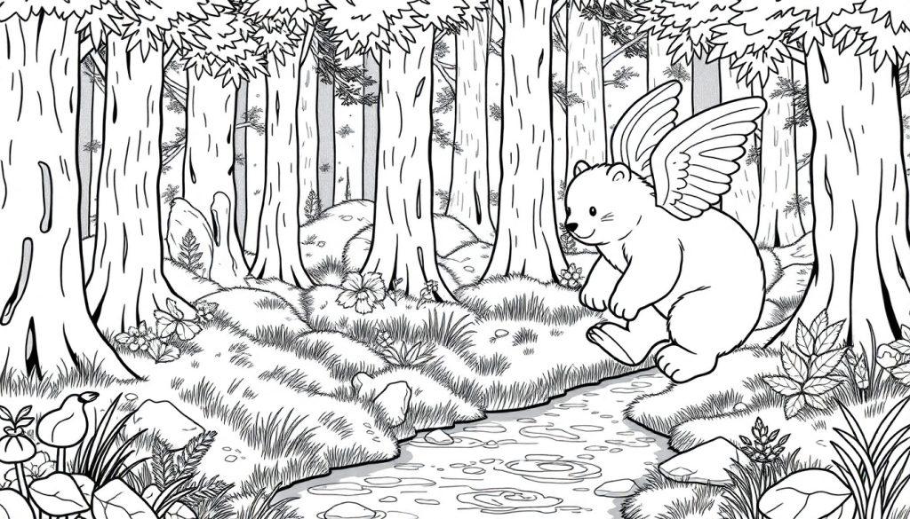 Een sprookjesachtige zwart-witte kleurplaat van een bos met een vrolijke beer met vleugels die door het bos huppelt en zweeft.