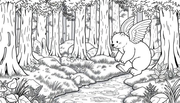Een sprookjesachtige zwart-witte kleurplaat van een bos met een vrolijke beer met vleugels die door het bos huppelt en zweeft.