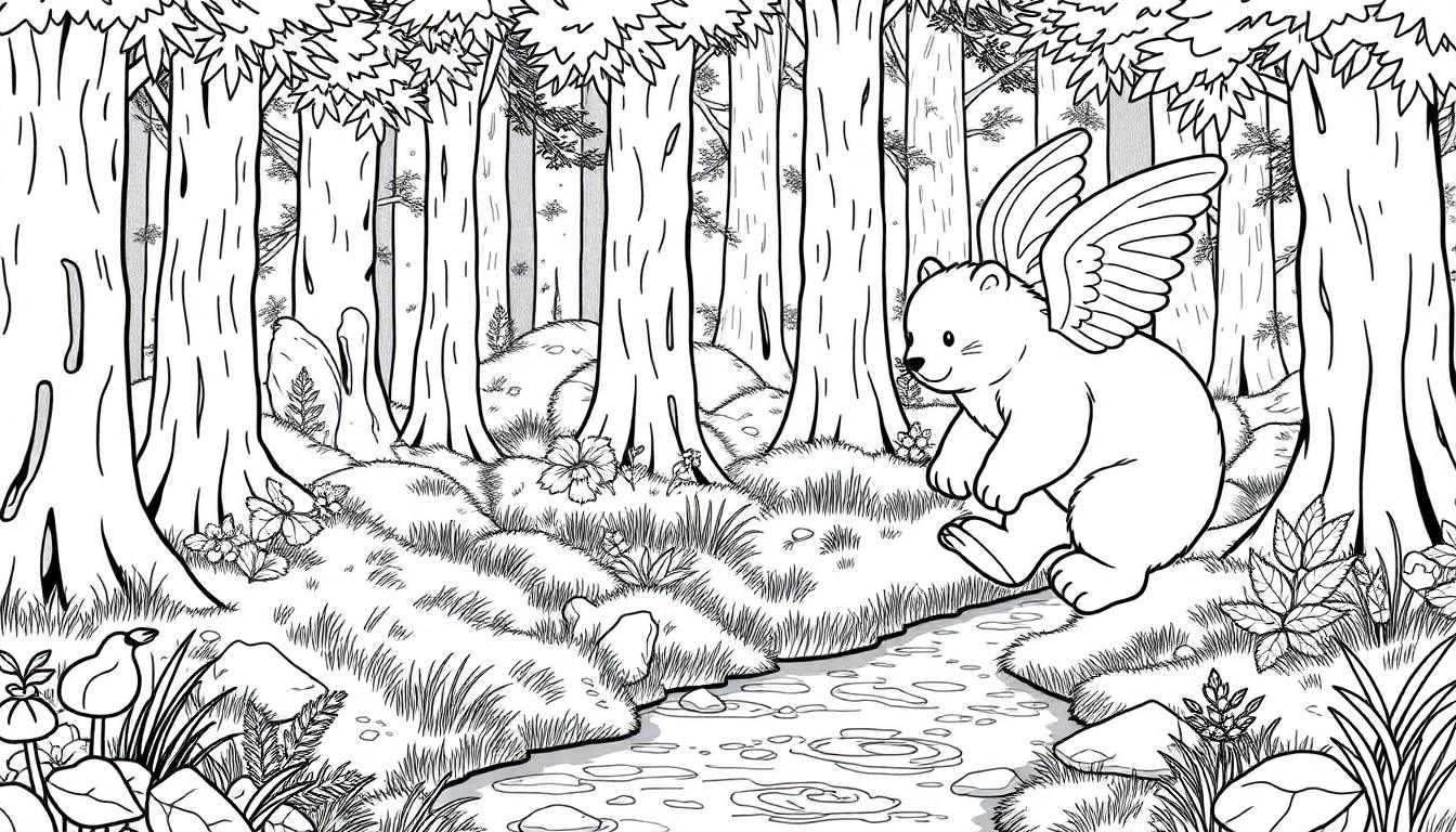 Een sprookjesachtige zwart-witte kleurplaat van een bos met een vrolijke beer met vleugels die door het bos huppelt en zweeft.