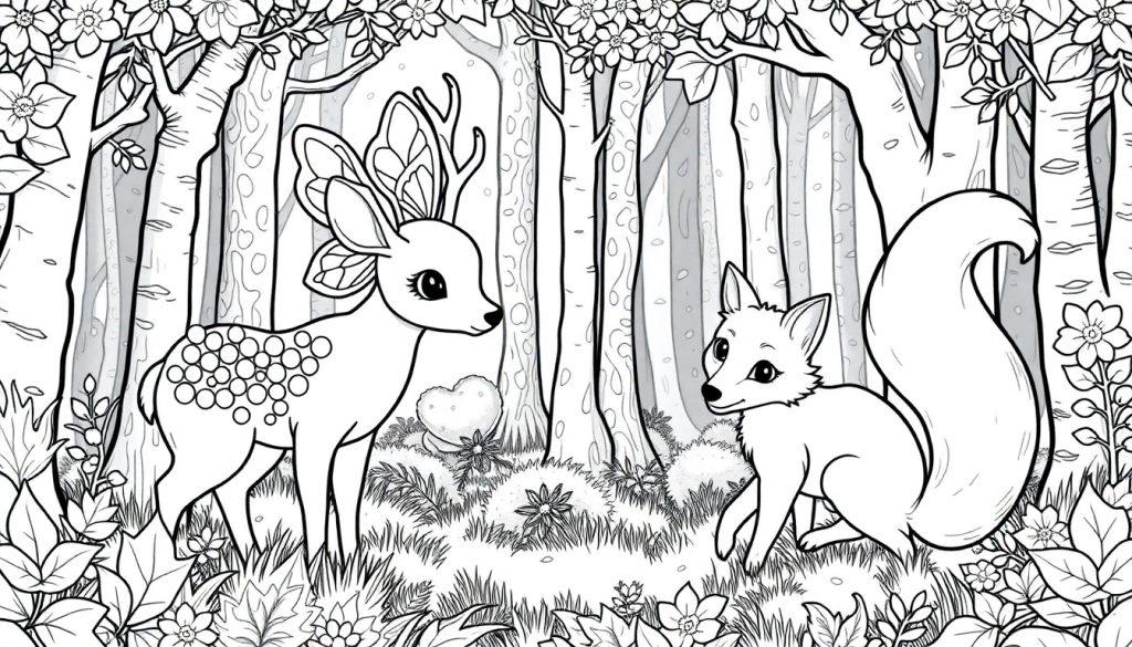 Kleurplaat van een magisch bos met een schattig hertje en een vrolijke vos, omringd door bloemen en bomen.