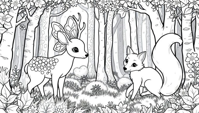 Kleurplaat van een magisch bos met een schattig hertje en een vrolijke vos, omringd door bloemen en bomen.