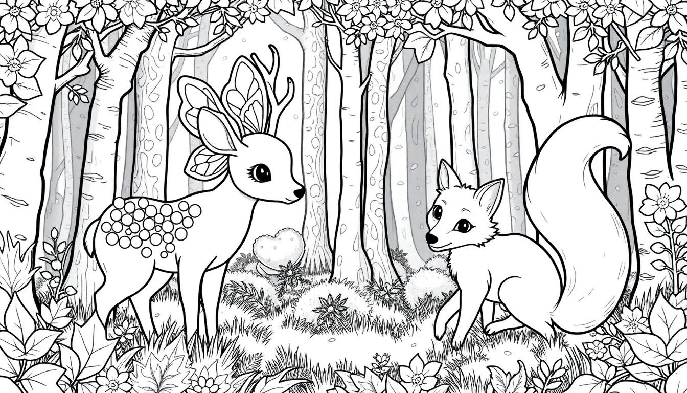 Kleurplaat van een magisch bos met een schattig hertje en een vrolijke vos, omringd door bloemen en bomen.