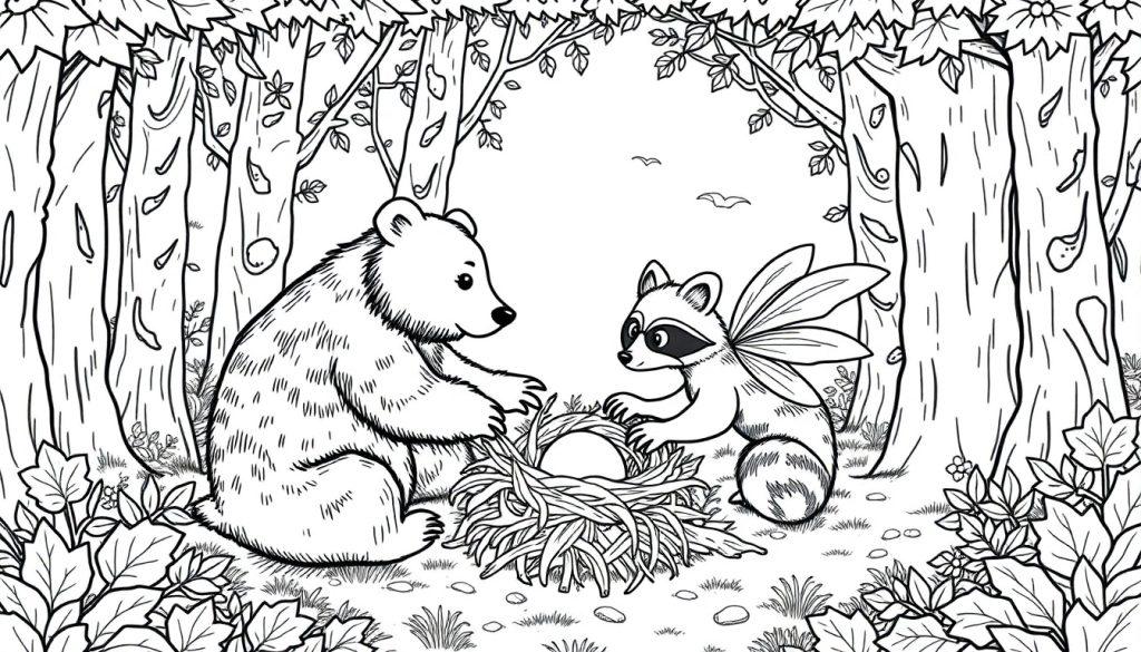 Kleurplaat van een magisch bos met een beer en een wasbeer met vleugels die naar een nest kijken, omringd door bomen, vogels en bloemen.
