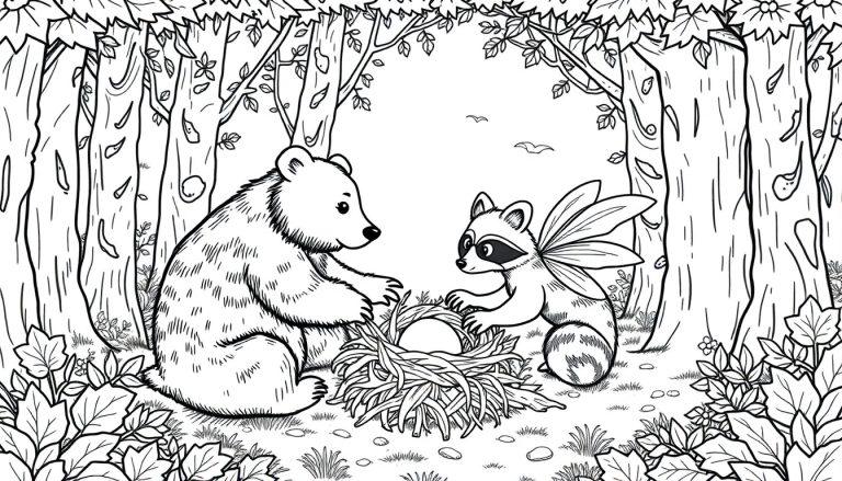 Kleurplaat van een magisch bos met een beer en een wasbeer met vleugels die naar een nest kijken, omringd door bomen, vogels en bloemen.