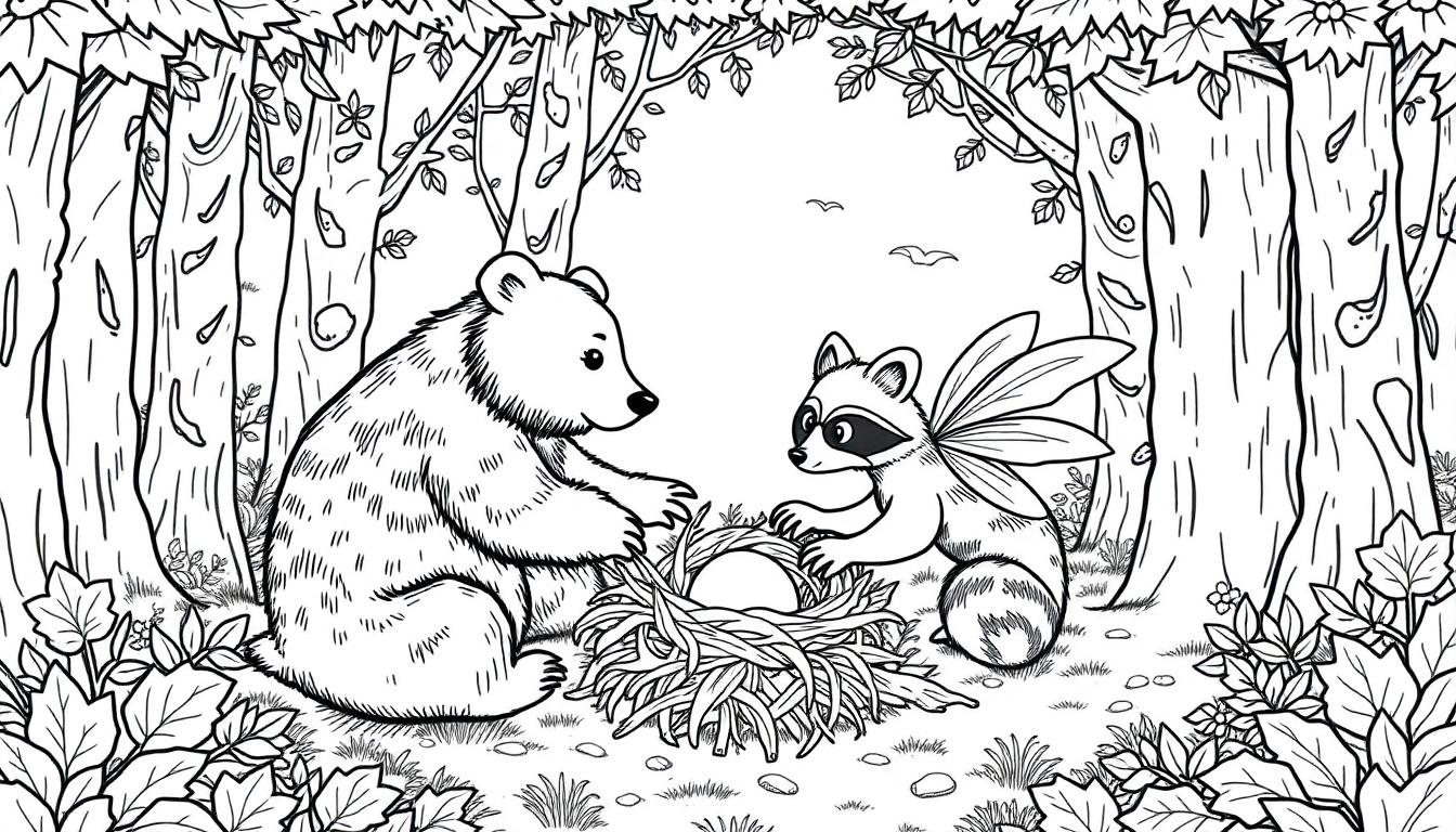 Kleurplaat van een magisch bos met een beer en een wasbeer met vleugels die naar een nest kijken, omringd door bomen, vogels en bloemen.