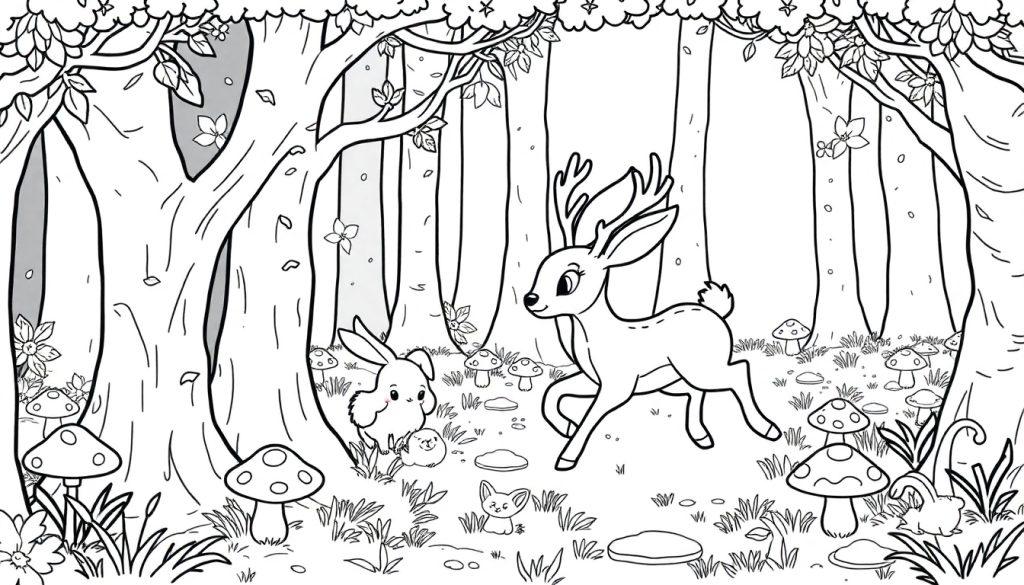 Kleurplaat van een magisch bos met dieren zoals een hertje, konijn, muis en vosje, klaar om ingekleurd te worden.
