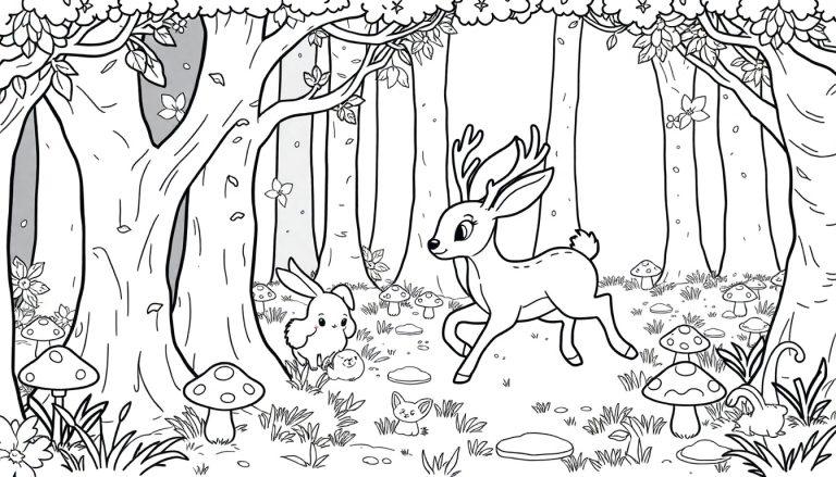 Kleurplaat van een magisch bos met dieren zoals een hertje, konijn, muis en vosje, klaar om ingekleurd te worden.