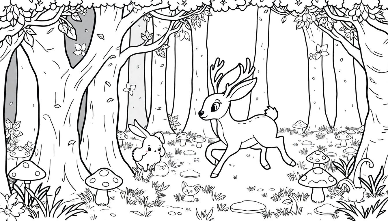 Kleurplaat van een magisch bos met dieren zoals een hertje, konijn, muis en vosje, klaar om ingekleurd te worden.