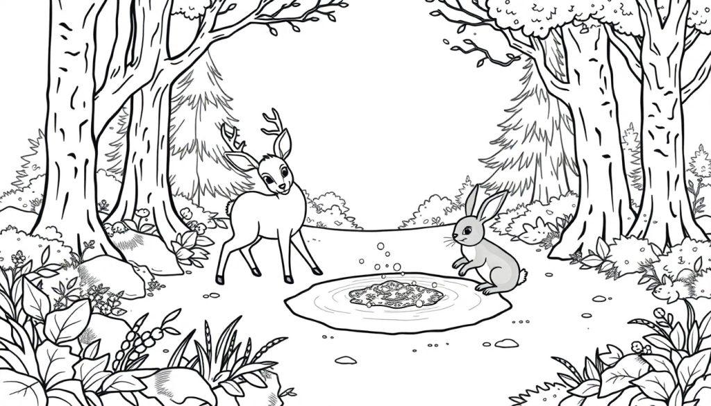 kleurplaat van een magisch bos met een hert, een konijn, grote bomen, bloemen en een vijver