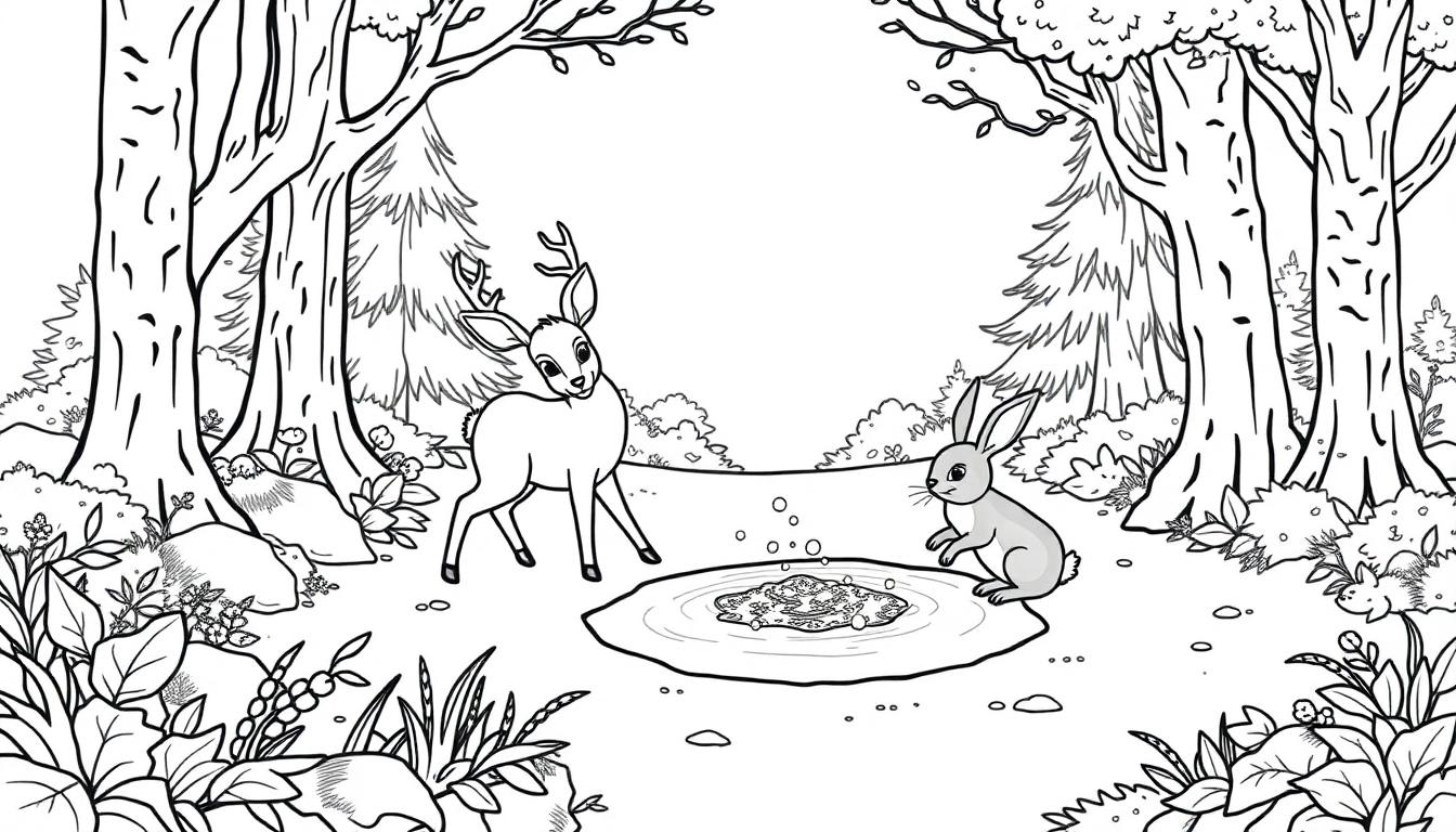 kleurplaat van een magisch bos met een hert, een konijn, grote bomen, bloemen en een vijver