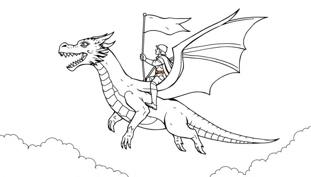 Leuke kleurplaat van een ridder op een vliegende draak met grote vleugels en een vlag in de hand, hoog in de lucht tussen de wolken.