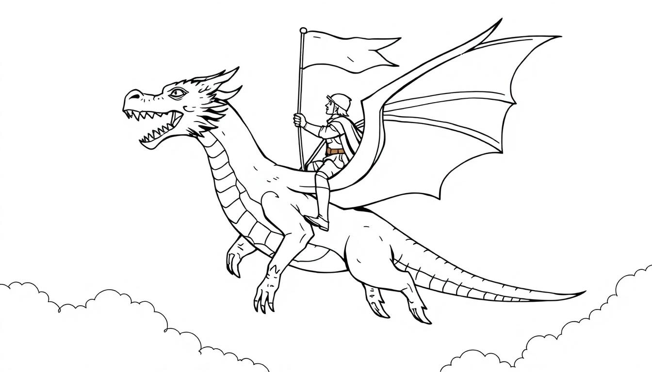 Leuke kleurplaat van een ridder op een vliegende draak met grote vleugels en een vlag in de hand, hoog in de lucht tussen de wolken.