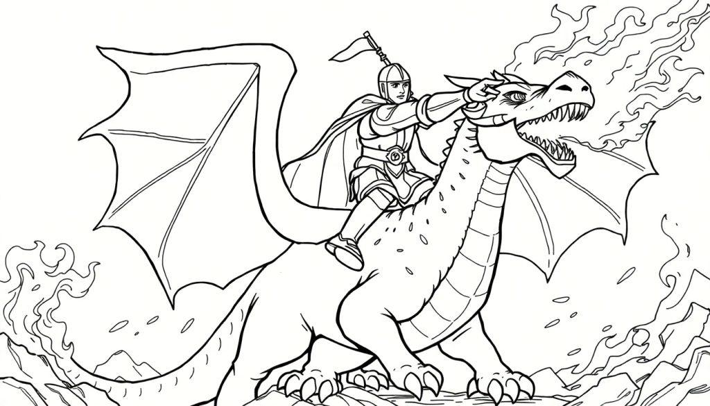 Kleurplaat van een ridder die op een grote draak rijdt in zwart-wit.