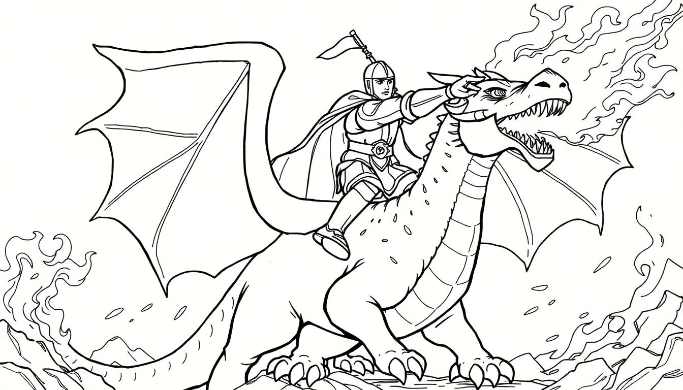 Kleurplaat van een ridder die op een grote draak rijdt in zwart-wit.