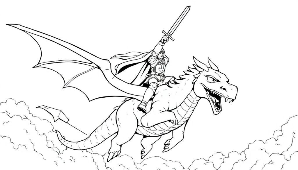 Kleurrijke kleurplaat van een ridder op een vliegende draak met een heldere lucht en wolken.