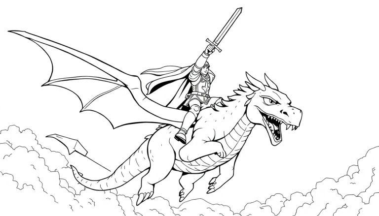 Kleurrijke kleurplaat van een ridder op een vliegende draak met een heldere lucht en wolken.