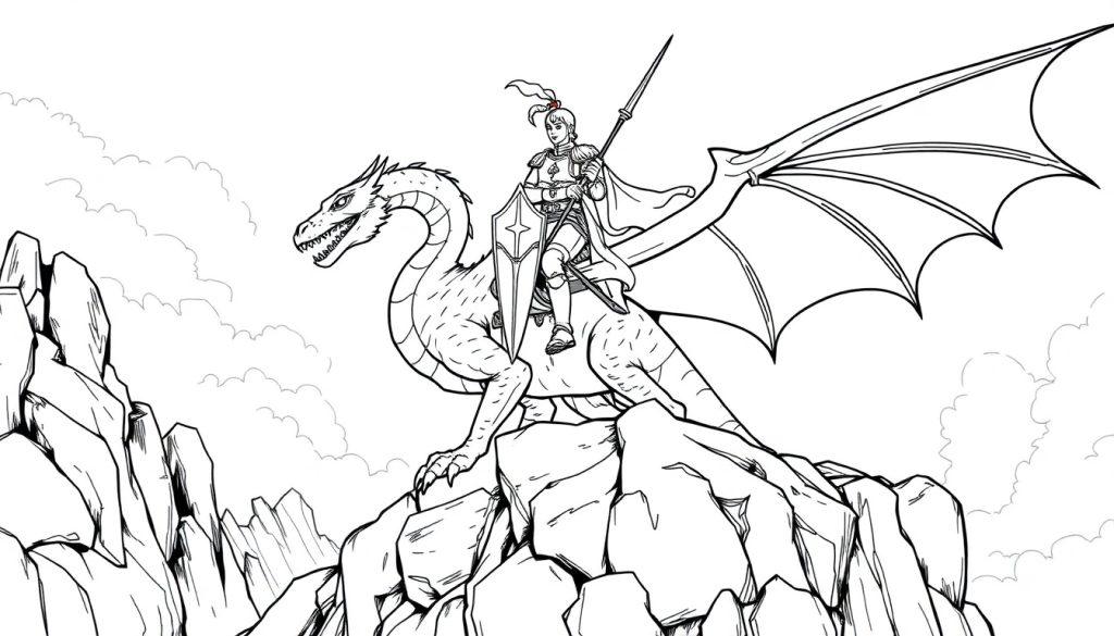 Kleurplaat van een ridder op een draak met grote vleugels en een schild, op een rotsachtig landschap.