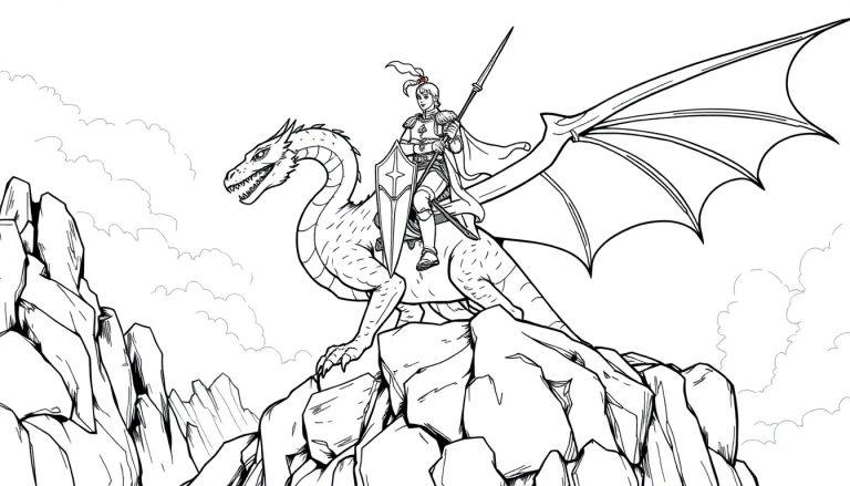 Kleurplaat van een ridder op een draak met grote vleugels en een schild, op een rotsachtig landschap.