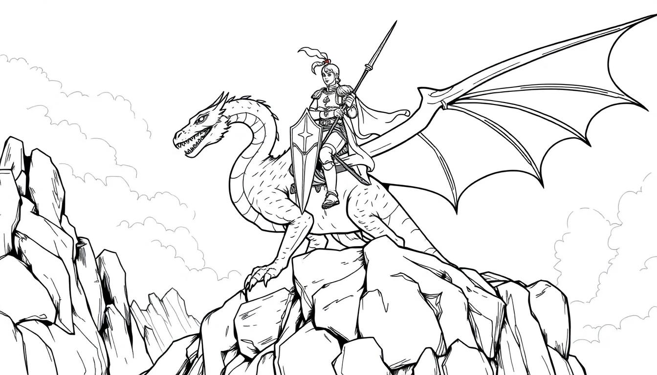 Kleurplaat van een ridder op een draak met grote vleugels en een schild, op een rotsachtig landschap.