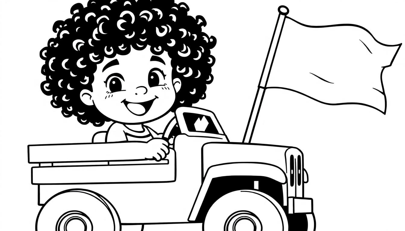 Een kleurplaat van een vrolijk peuter jongetje met krullend haar in een voertuig met een vlag, lachend en enthousiast.
