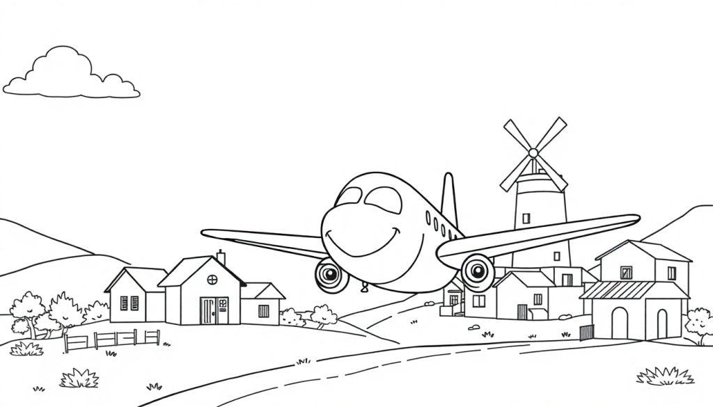 Vrolijke zwart-wit kleurplaat van een lachend vliegtuig dat door de lucht vliegt boven een dorpje met een windmolen en natuur.
