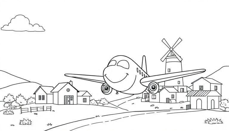 Vrolijke zwart-wit kleurplaat van een lachend vliegtuig dat door de lucht vliegt boven een dorpje met een windmolen en natuur.