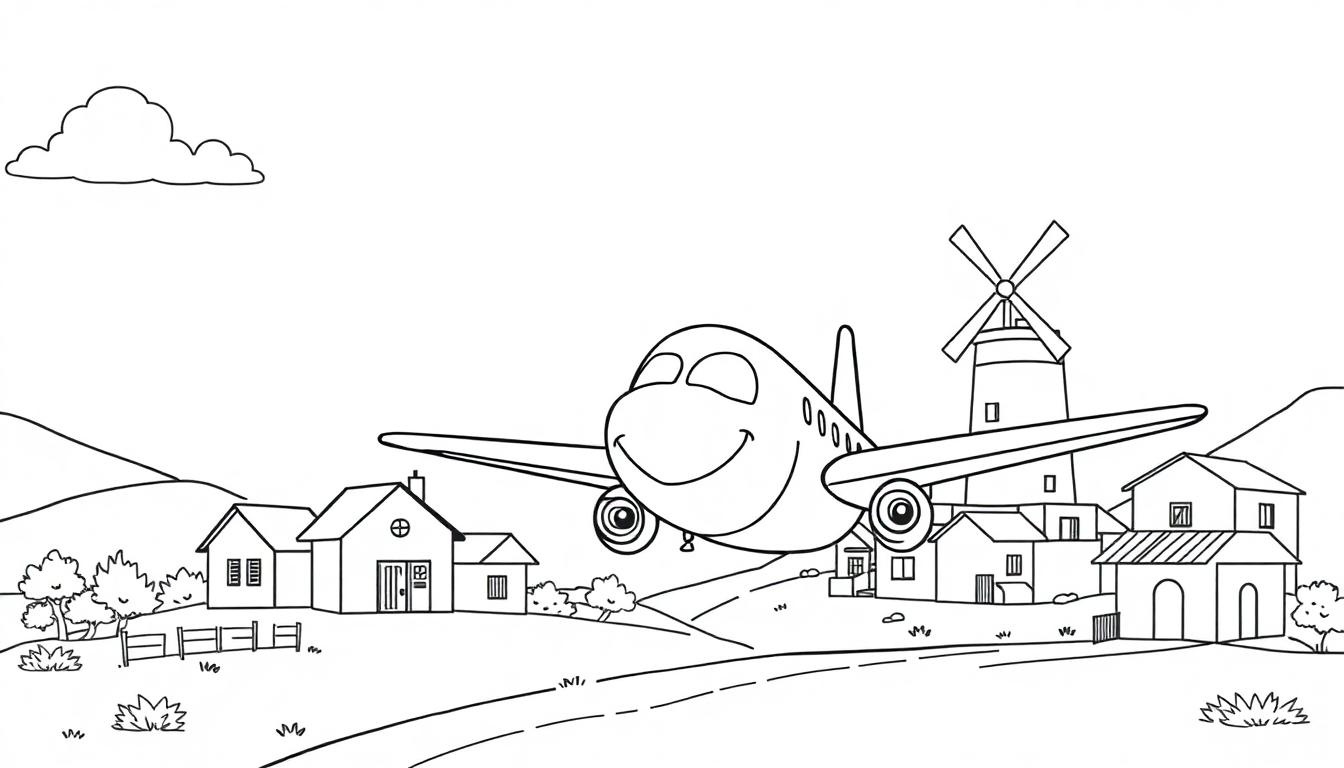 Vrolijke zwart-wit kleurplaat van een lachend vliegtuig dat door de lucht vliegt boven een dorpje met een windmolen en natuur.