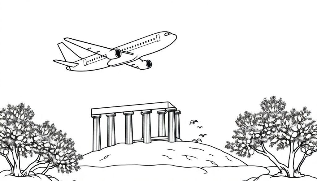 Kleurplaat van een landschap met een vliegtuig, een oude Griekse tempel, bomen en vogels in zwart-wit.