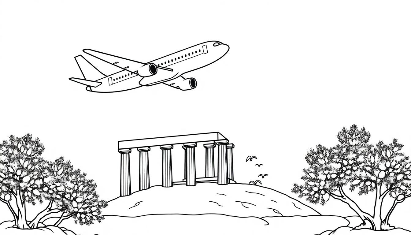 Kleurplaat van een landschap met een vliegtuig, een oude Griekse tempel, bomen en vogels in zwart-wit.