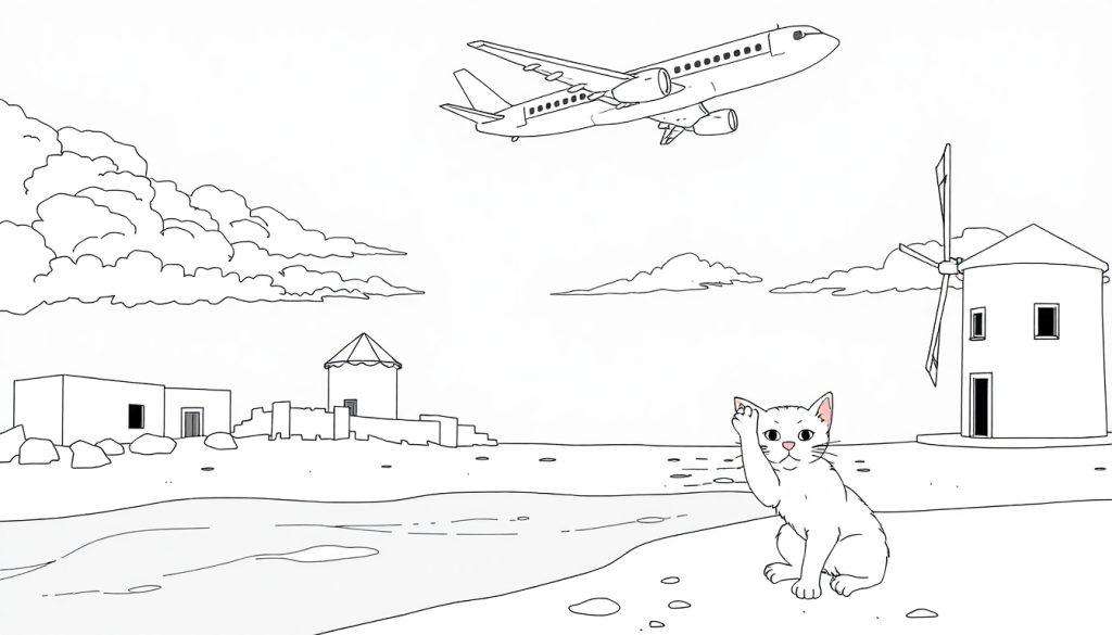 Kleurplaat van een landschap met een kat, water, windmolen, huis en een vliegend vliegtuig.