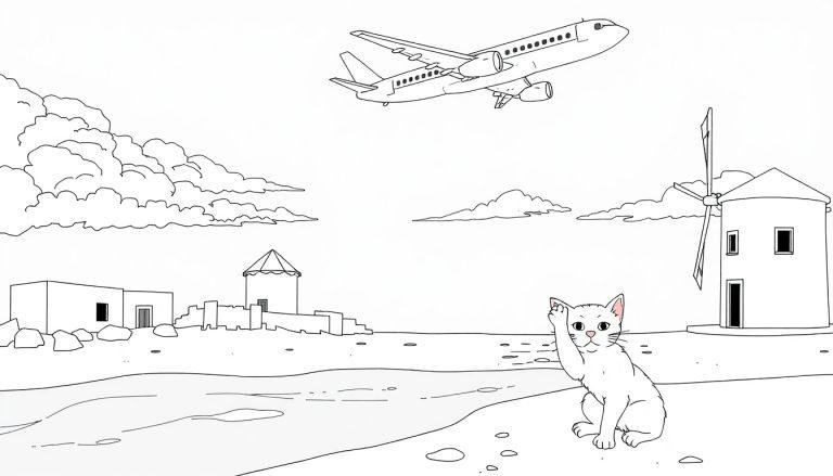 Kleurplaat van een landschap met een kat, water, windmolen, huis en een vliegend vliegtuig.