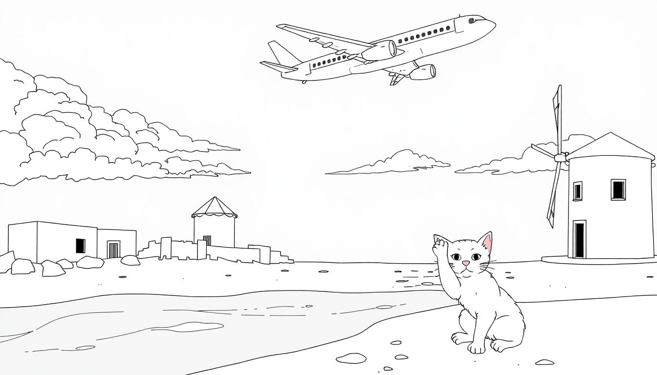 Kleurplaat van een landschap met een kat, water, windmolen, huis en een vliegend vliegtuig.