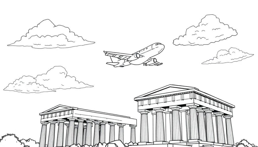 Kleurplaat met twee grote Griekse tempel-achtige gebouwen, een vliegtuig in de lucht en enkele wolken