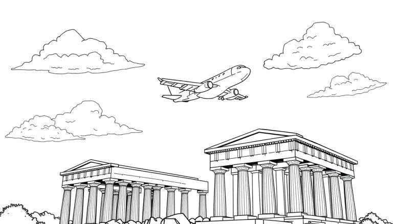 Kleurplaat met twee grote Griekse tempel-achtige gebouwen, een vliegtuig in de lucht en enkele wolken
