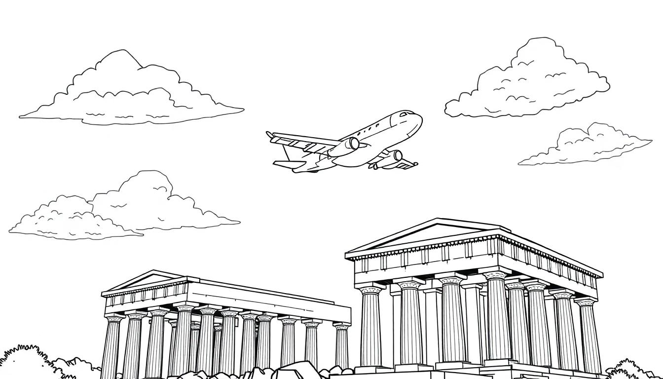 Kleurplaat met twee grote Griekse tempel-achtige gebouwen, een vliegtuig in de lucht en enkele wolken