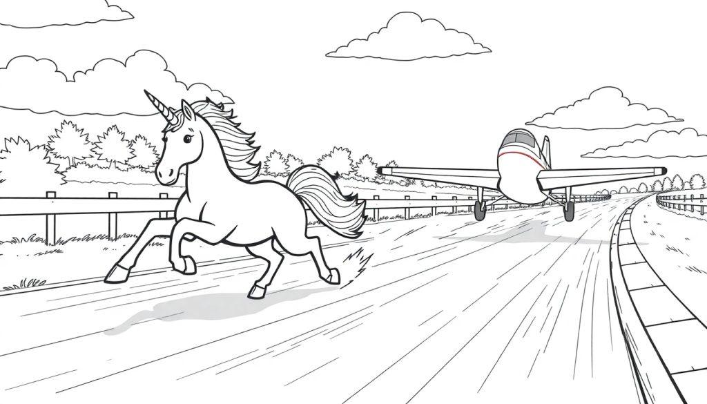 Kleurplaat van een speelse eenhoorn die over de weg galoppeert naast een vliegtuig, met een landelijke omgeving met hekken, gras en bomen.
