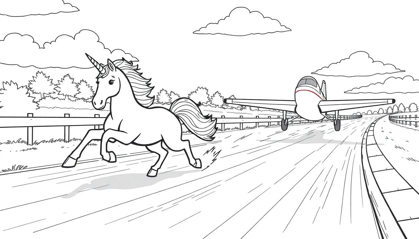 Kleurplaat van een speelse eenhoorn die over de weg galoppeert naast een vliegtuig, met een landelijke omgeving met hekken, gras en bomen.