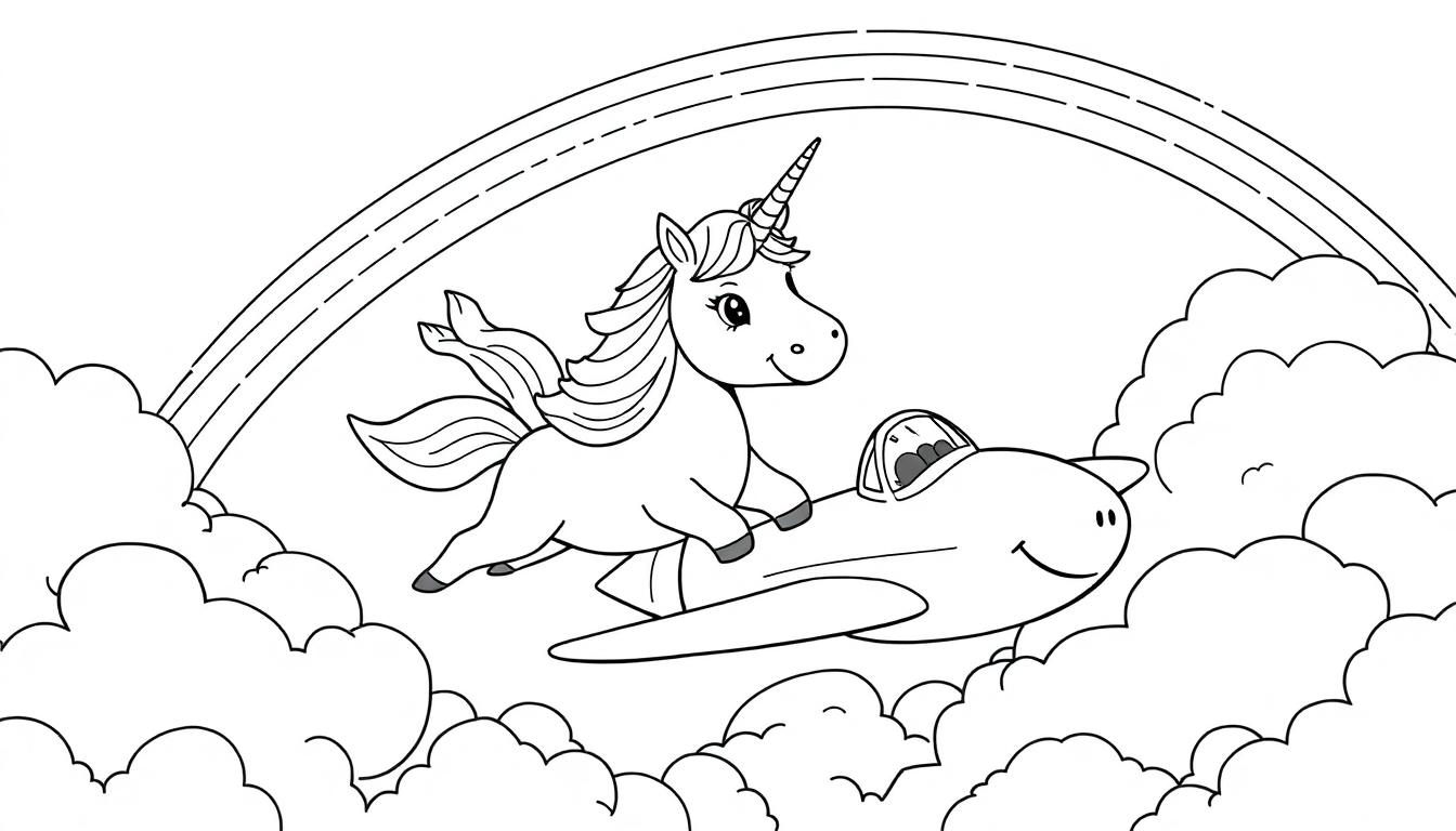 Kleurplaat van een vrolijke scène met een eenhoorn, een vliegtuig, een regenboog en wolken.