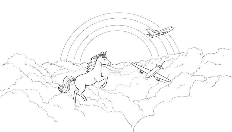Een kleurplaat van een eenhoorn op wolken met een regenboog en twee vliegtuigen in de lucht.