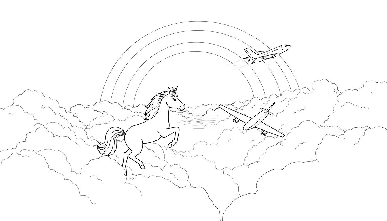 Een kleurplaat van een eenhoorn op wolken met een regenboog en twee vliegtuigen in de lucht.