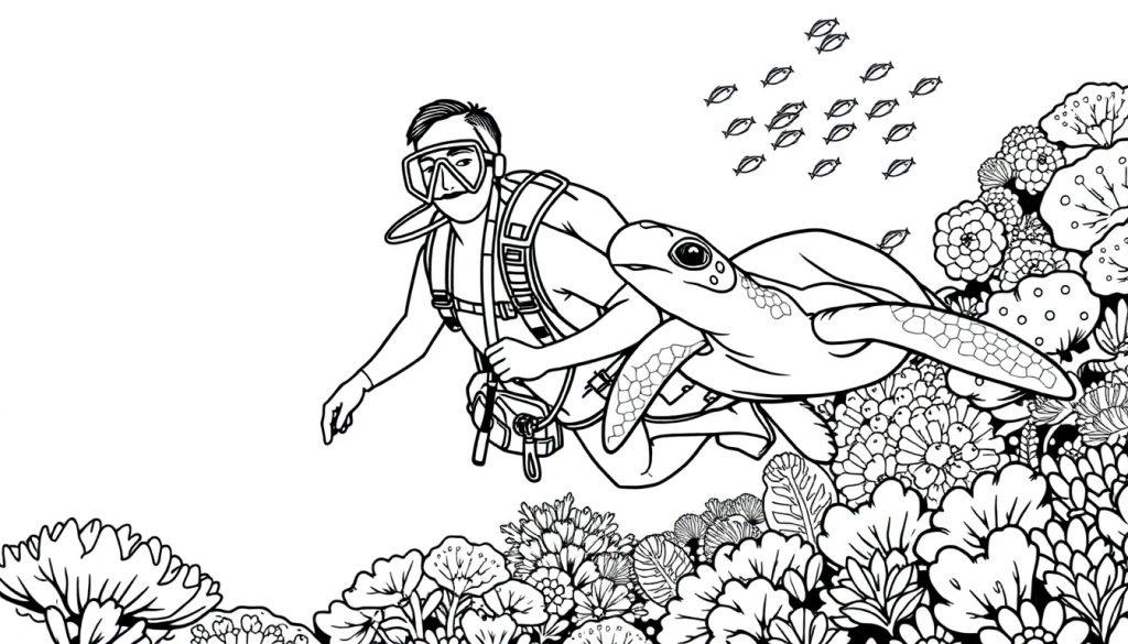 Zwart-wit kleurplaat van een onderwaterscène met een duiker, een zeeschildpad en vissen